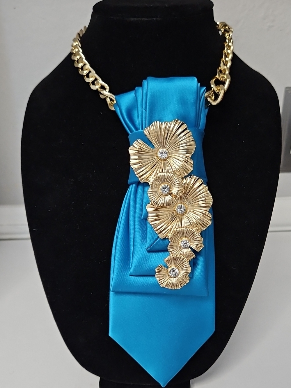 George Upcycled Necktie Necklace with Gold Floral and Crystal Accent Brooche